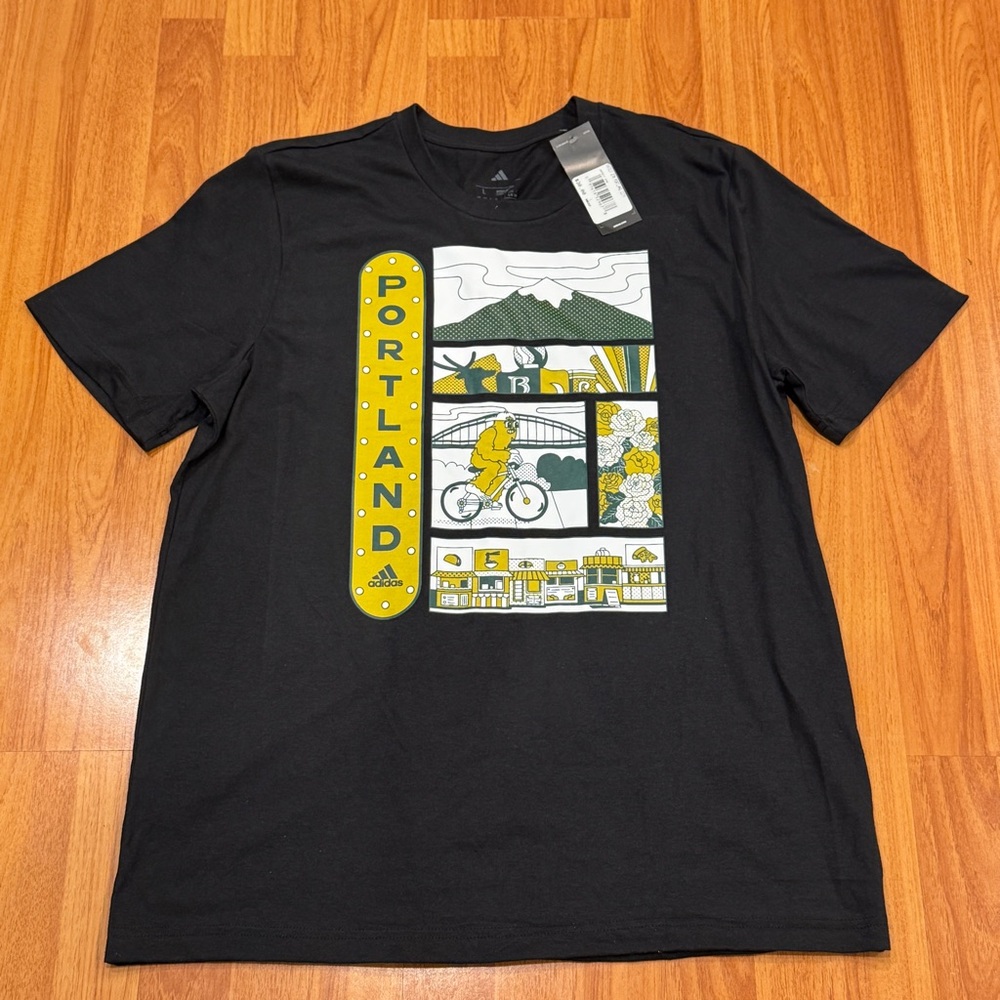 Adidas Portland City PNW Bear Forest Mountain Black T-shirt Brand New Sz L